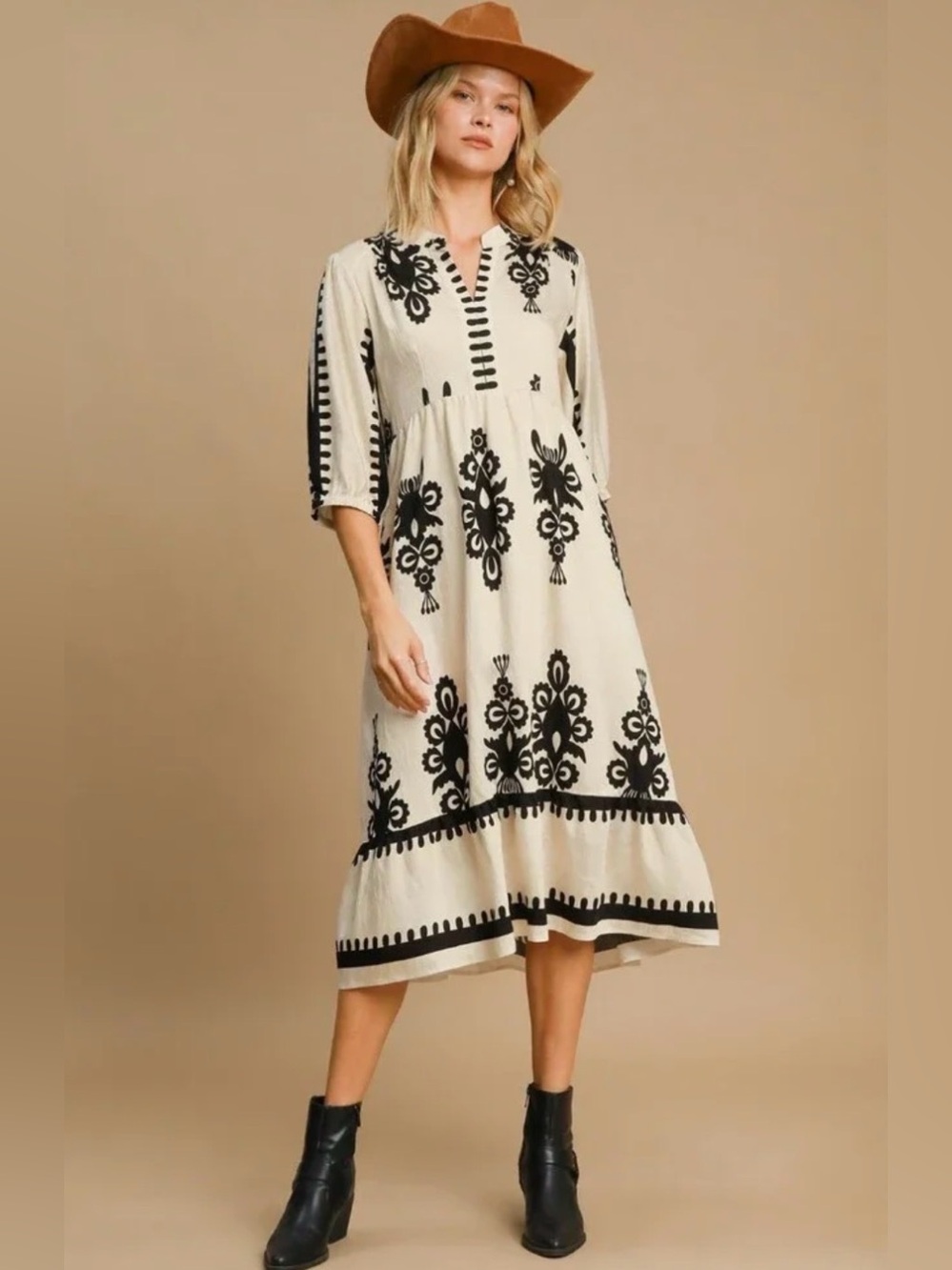 Umgee Printed Notched Midi Dress Black & Cream Western Rodeo Size XL NEW!